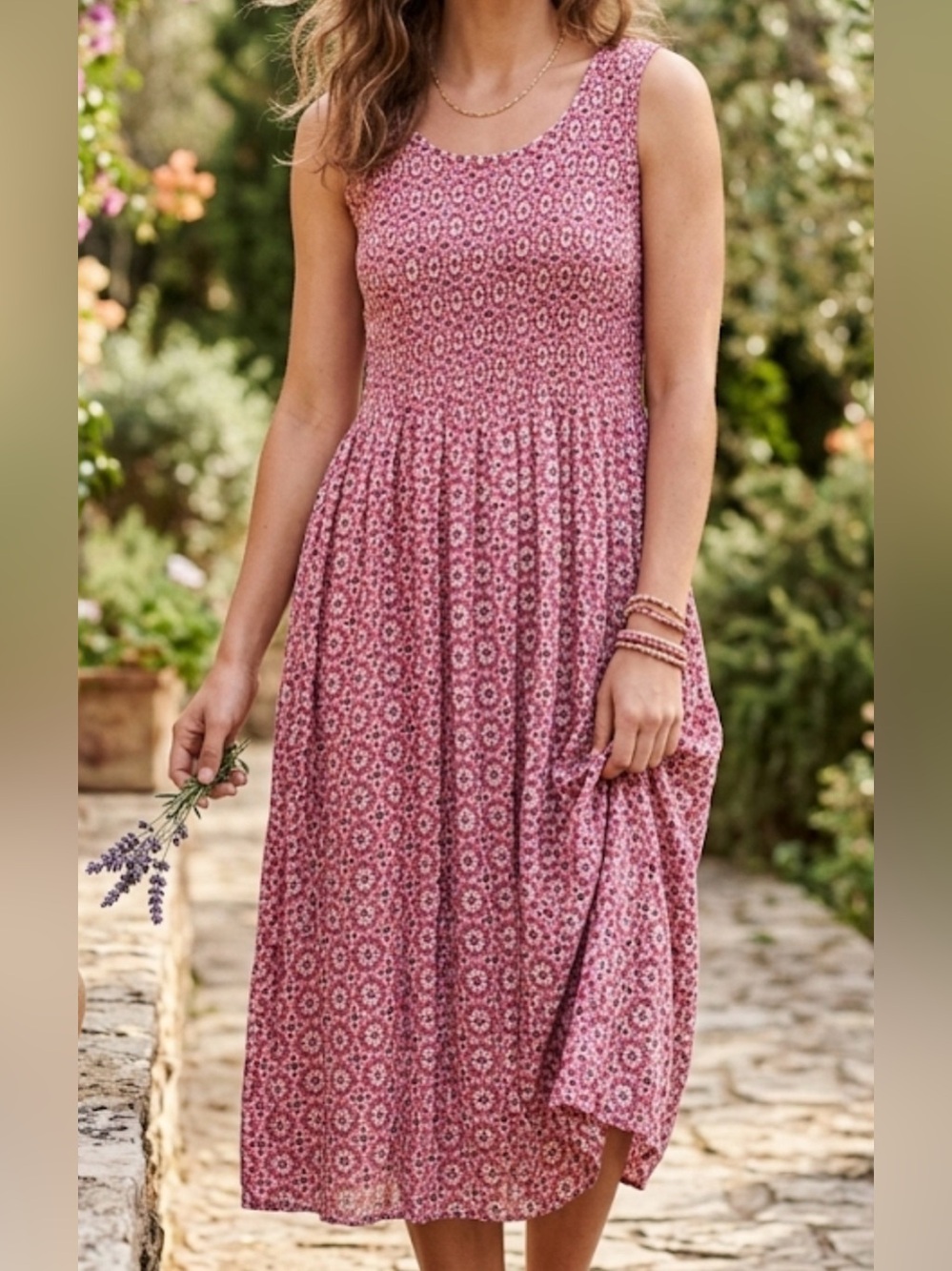 Croft & Barrow‎ Pink Floral Smocked Sleeveless Rayon Midi Dress Womens Medium